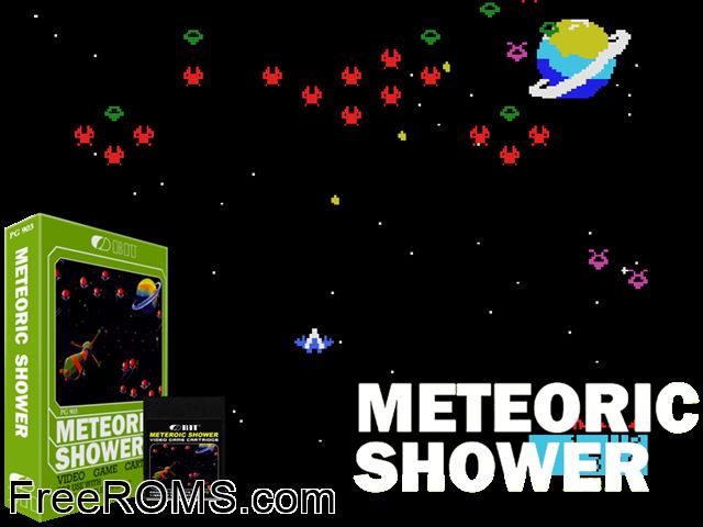 Meteoric Shower (1983) ColecoVision game showing 3D box cover and gameplay screenshot
