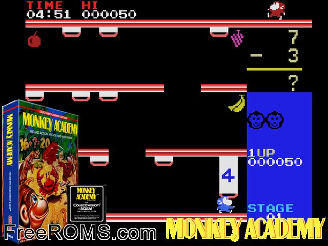 Monkey Academy (1984) ColecoVision game showing 3D box cover and gameplay screenshot