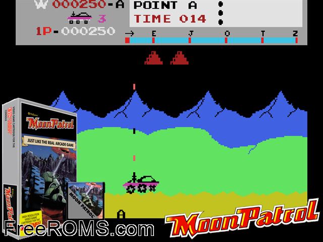 Moon Patrol (1982-84) (Proto) ColecoVision game showing 3D box cover and gameplay screenshot