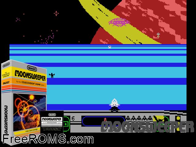Moonsweeper (1983) ColecoVision game showing 3D box cover and gameplay screenshot