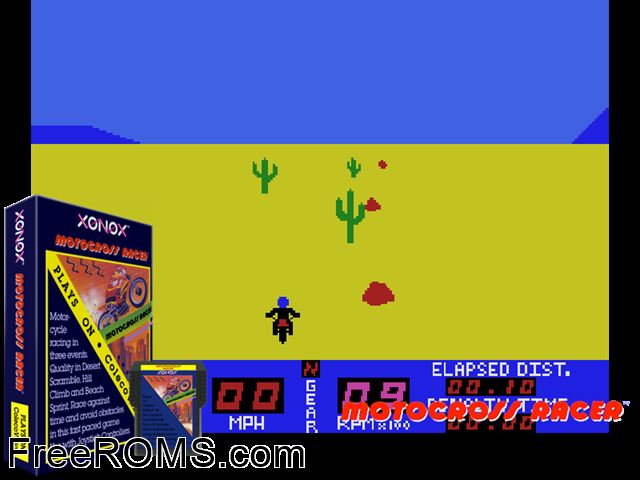 Motocross Racer (1984) ColecoVision game showing 3D box cover and gameplay screenshot
