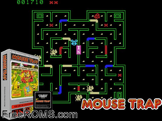 Mousetrap (1982) ColecoVision game showing 3D box cover and gameplay screenshot