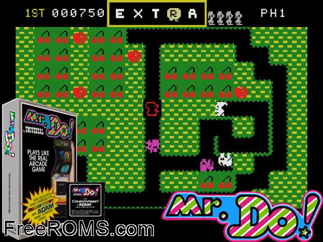 Mr Do! (1983) (alt) ColecoVision game showing 3D box cover and gameplay screenshot
