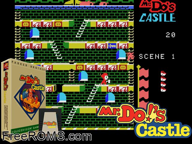 Mr Do's Castle (1983) ColecoVision game showing 3D box cover and gameplay screenshot