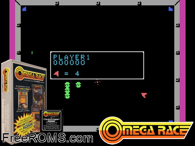Omega Race (1981-83) ColecoVision game showing 3D box cover and gameplay screenshot