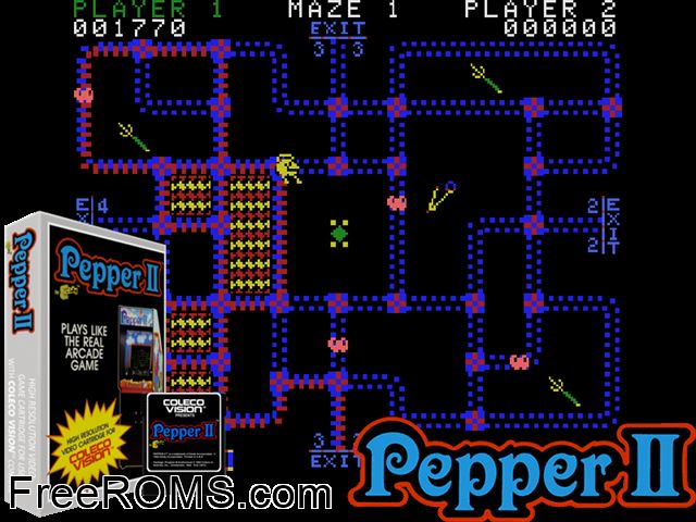 Pepper II (1983) ColecoVision game showing 3D box cover and gameplay screenshot