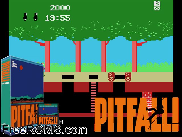 Pitfall! (1983) (bad dump) ColecoVision game showing 3D box cover and gameplay screenshot
