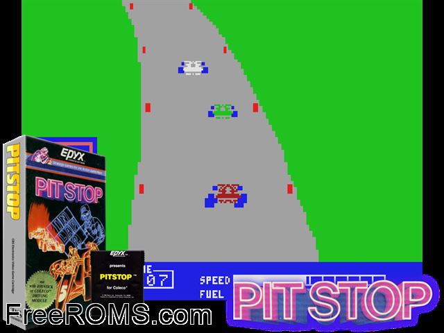 Pitstop (1983) (bad dump) ColecoVision game showing 3D box cover and gameplay screenshot