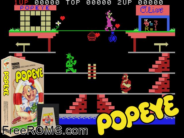 Popeye (1983) ColecoVision game showing 3D box cover and gameplay screenshot