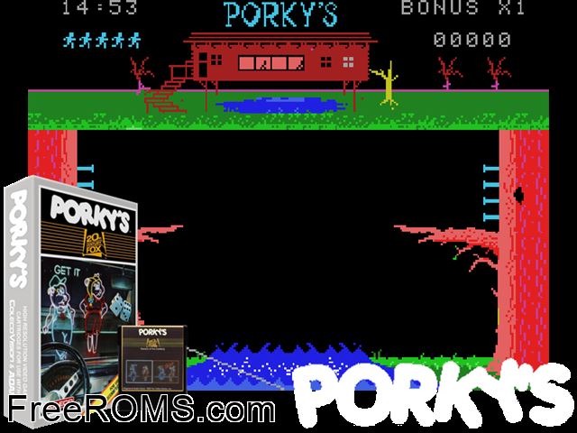 Porky's (1983) (Proto) ColecoVision game showing 3D box cover and gameplay screenshot