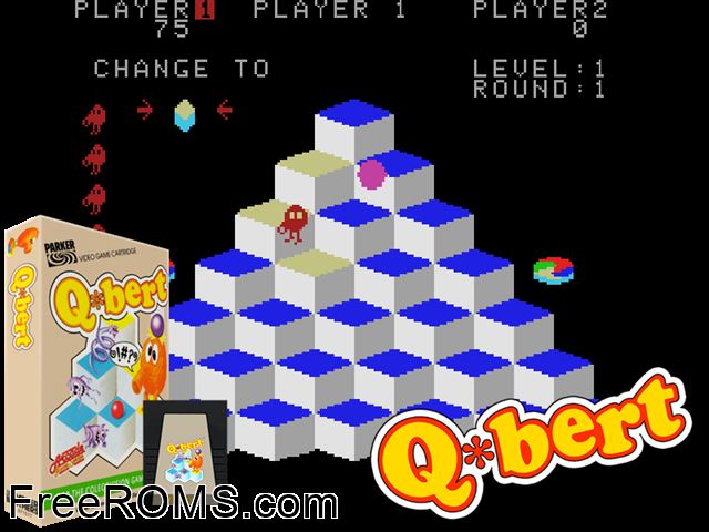 Q-bert (1983) ColecoVision game showing 3D box cover and gameplay screenshot