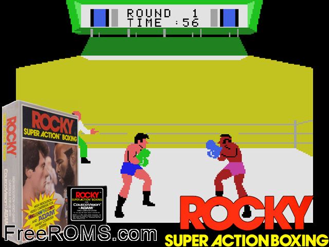 Rocky Super-Action Boxing (1983) ColecoVision game showing 3D box cover and gameplay screenshot