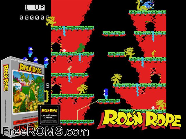 Roc 'N Rope (1983-84) ColecoVision game showing 3D box cover and gameplay screenshot