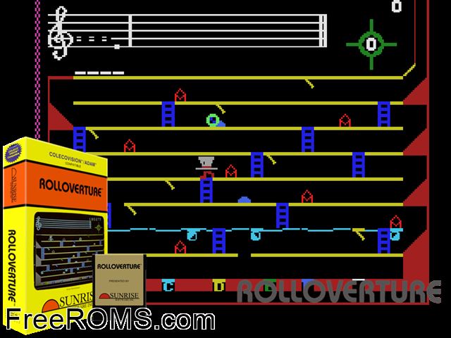 Rolloverture (1983) ColecoVision game showing 3D box cover and gameplay screenshot