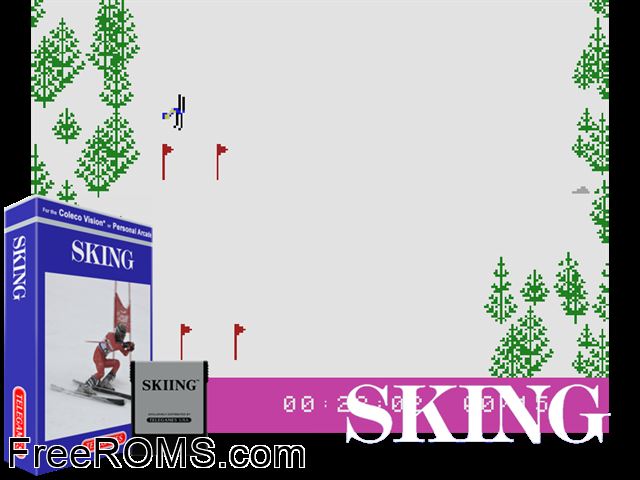 Skiing (1986) ColecoVision game showing 3D box cover and gameplay screenshot