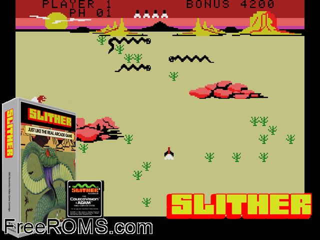 Slither (1983) ColecoVision game showing 3D box cover and gameplay screenshot