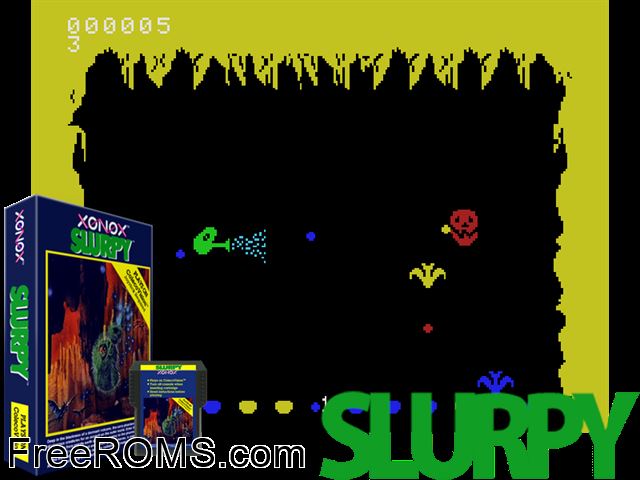 Slurpy (1984) ColecoVision game showing 3D box cover and gameplay screenshot