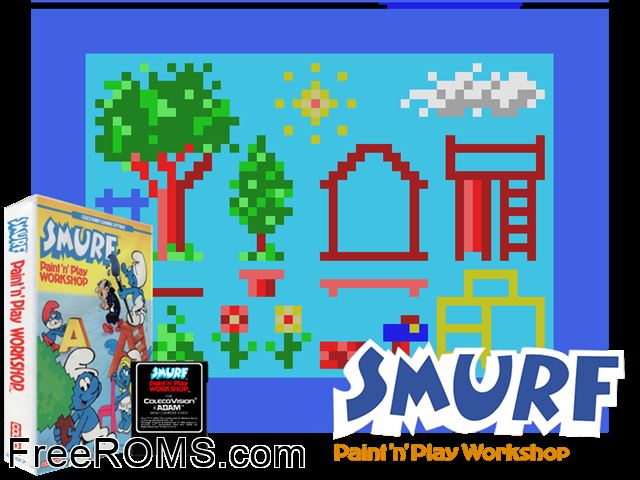 Smurf Paint 'n Play Workshop (1983) ColecoVision game showing 3D box cover and gameplay screenshot