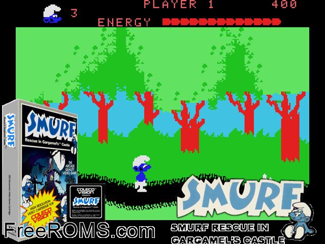 Smurf Rescue (1982) (bad dump) ColecoVision game showing 3D box cover and gameplay screenshot