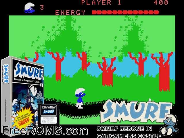 Smurf Rescue (1982) ColecoVision game showing 3D box cover and gameplay screenshot