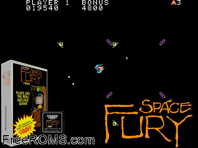 Space Fury (1983) ColecoVision game showing 3D box cover and gameplay screenshot