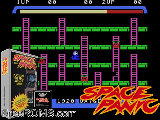 Space Panic (1983) ColecoVision game showing 3D box cover and gameplay screenshot