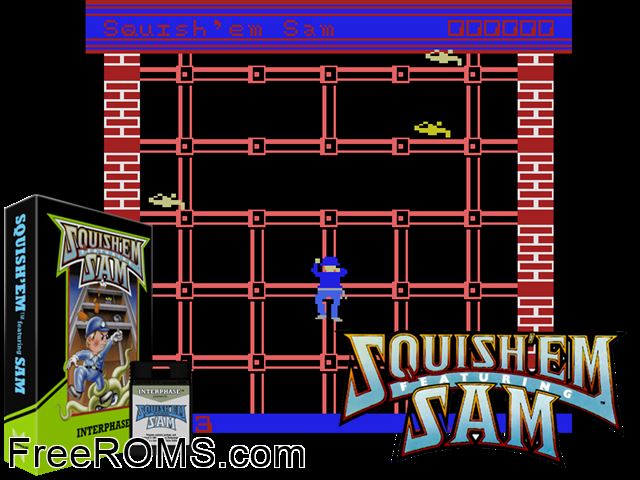 Squish 'Em Sam! (1983) ColecoVision game showing 3D box cover and gameplay screenshot