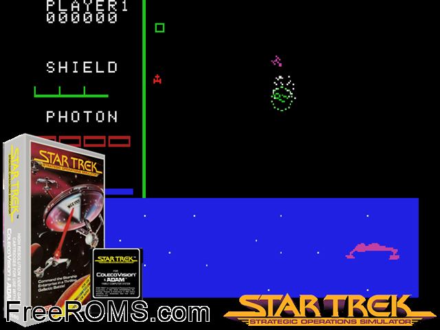 Star Trek - Strategic Operations Simulator (1984) ColecoVision game showing 3D box cover and gameplay screenshot