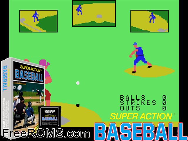 Super-Action Baseball (1983) (alt) ColecoVision game showing 3D box cover and gameplay screenshot