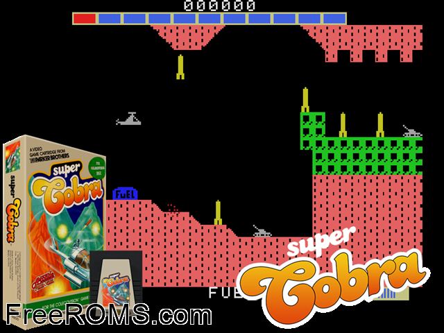 Super Cobra (1983) (bad dump 1) ColecoVision game showing 3D box cover and gameplay screenshot
