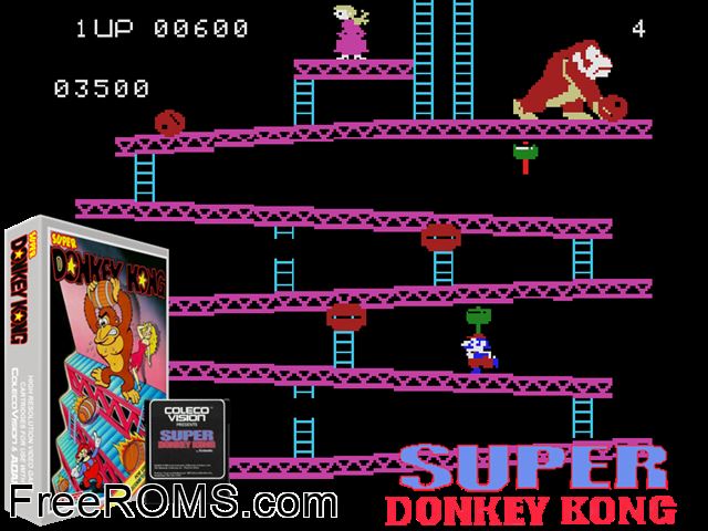 Super DK! (1983) ColecoVision game showing 3D box cover and gameplay screenshot