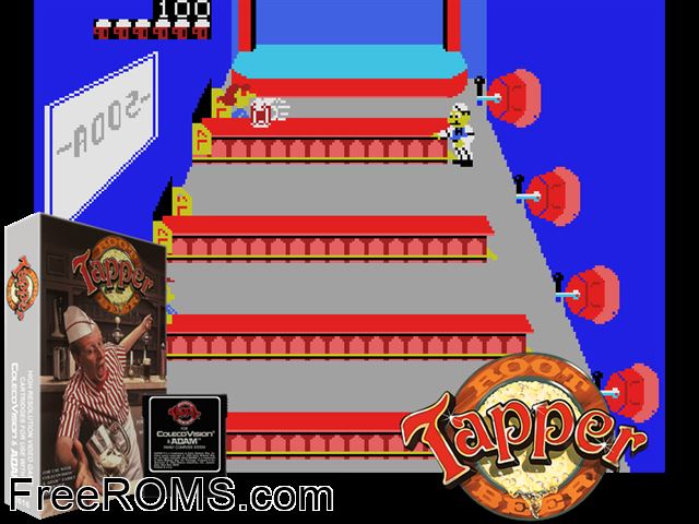 Tapper (1984) (bad dump) ColecoVision game showing 3D box cover and gameplay screenshot