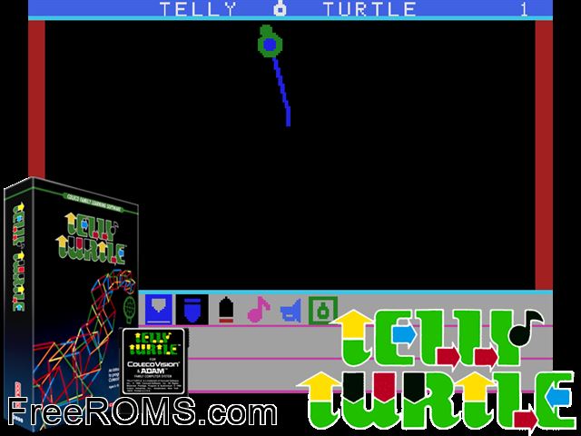 Telly Turtle (1984) ColecoVision game showing 3D box cover and gameplay screenshot