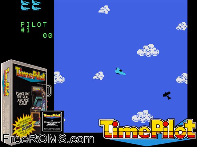 Time Pilot (1983) ColecoVision game showing 3D box cover and gameplay screenshot