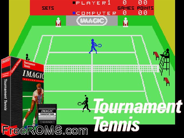 Tournament Tennis (1984) ColecoVision game showing 3D box cover and gameplay screenshot