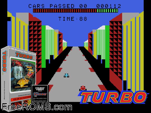 Turbo (1982) ColecoVision game showing 3D box cover and gameplay screenshot