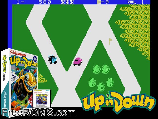 Up 'N Down (1984) ColecoVision game showing 3D box cover and gameplay screenshot