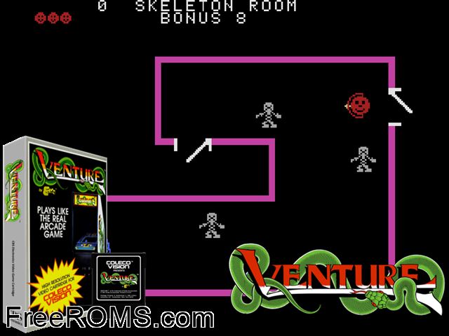 Venture (1982) ColecoVision game showing 3D box cover and gameplay screenshot