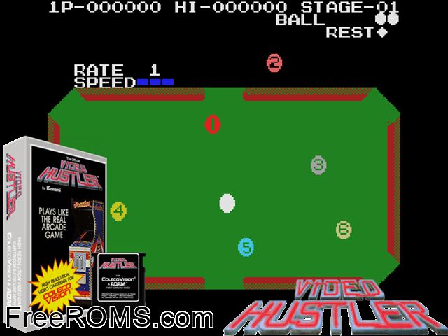 Video Hustler (1984) (Proto) ColecoVision game showing 3D box cover and gameplay screenshot