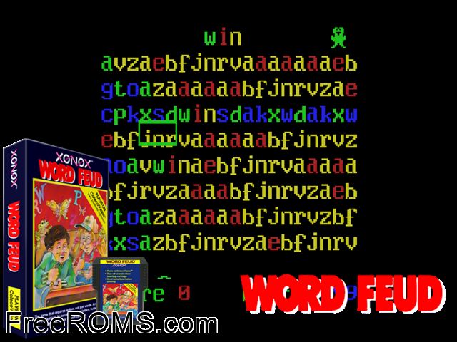 Word Feud (1984) ColecoVision game showing 3D box cover and gameplay screenshot