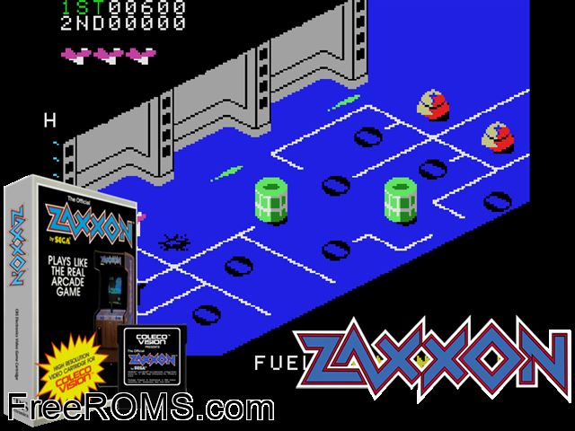 Zaxxon (1982) ColecoVision game showing 3D box cover and gameplay screenshot