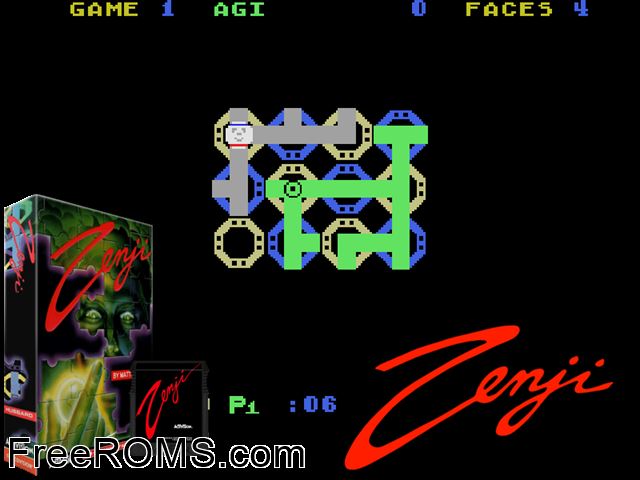 Zenji (1984) (bad dump) ColecoVision game showing 3D box cover and gameplay screenshot