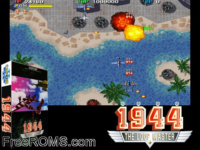 1944: The Loop Master CPS2 game showing 3D box cover and gameplay screenshot