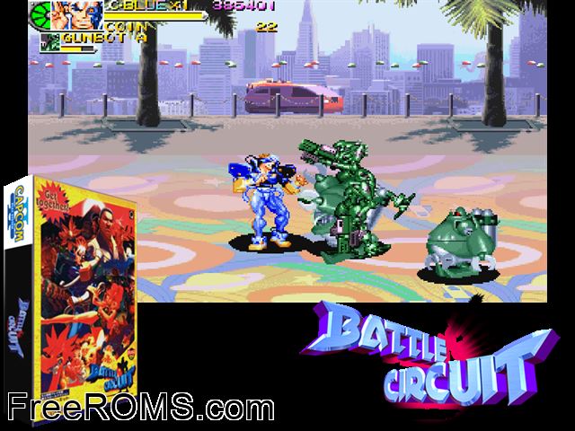 Battle Circuit CPS2 game showing 3D box cover and gameplay screenshot