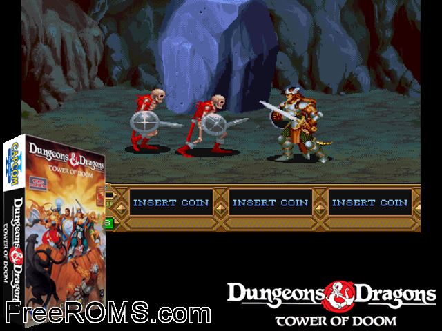 Dungeons and Dragons: Tower of Doom CPS2 game showing 3D box cover and gameplay screenshot