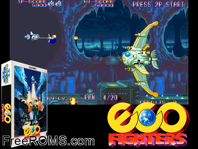 Eco Fighters CPS2 game showing 3D box cover and gameplay screenshot