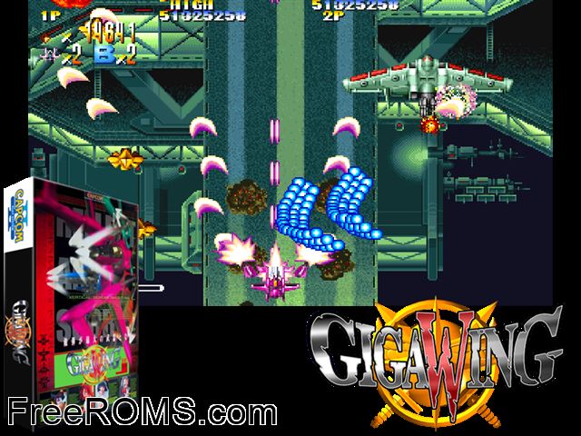 Giga Wing CPS2 game showing 3D box cover and gameplay screenshot
