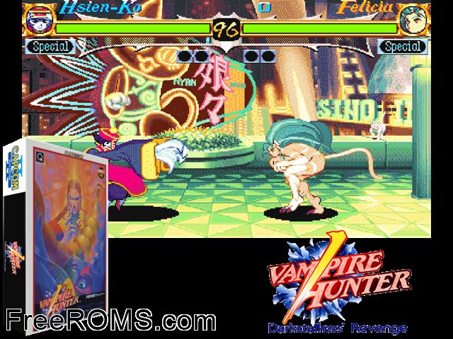 Night Warriors: Darkstalkers Revenge CPS2 game showing 3D box cover and gameplay screenshot