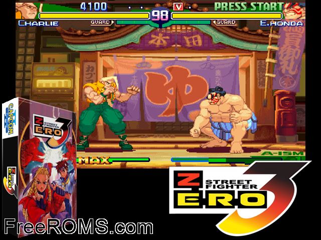 Street Fighter Alpha 3 CPS2 game showing 3D box cover and gameplay screenshot