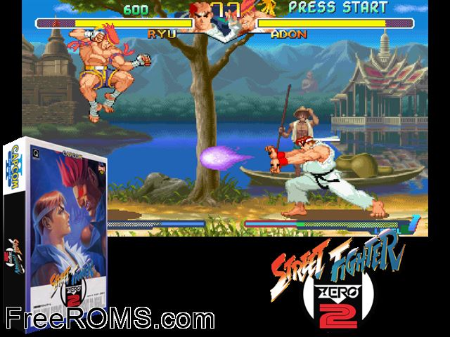 Street Fighter Zero 2 (J) CPS2 game showing 3D box cover and gameplay screenshot
